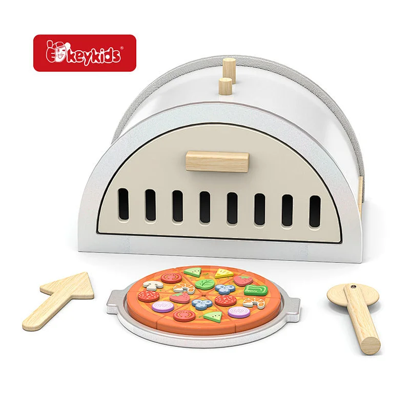 Montessori Wooden Pizza Making Play Set - Pretend Play Kitchen Toy with Cuttable Pizza & Toppings for Kids W10B551